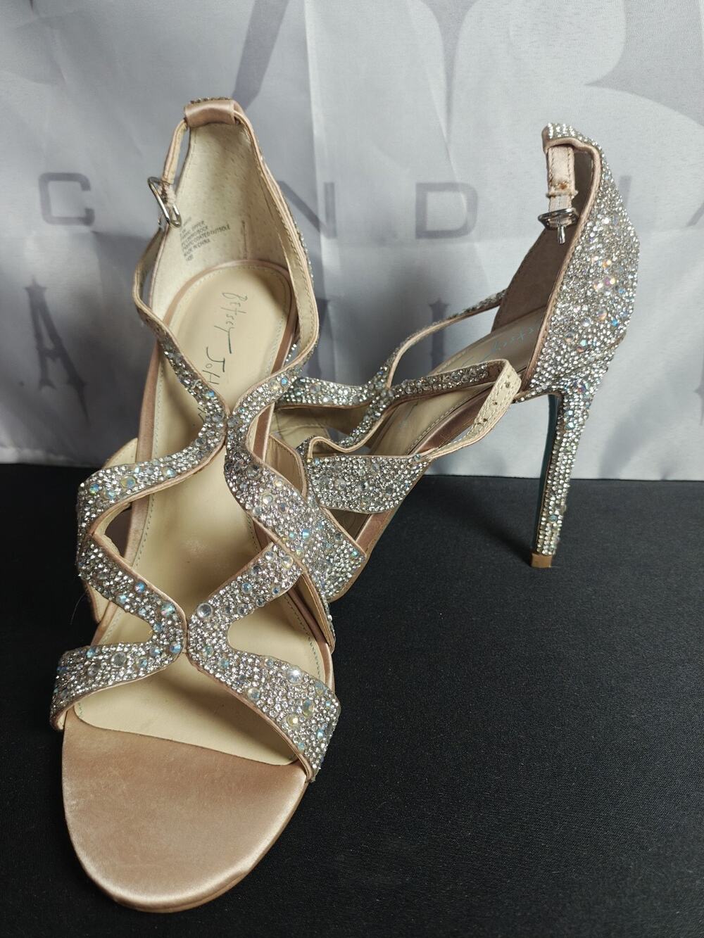 BETSEY JOHNSON Women's 9.5 Rhinestone Strappy Heels. Open Toe. Champagne.